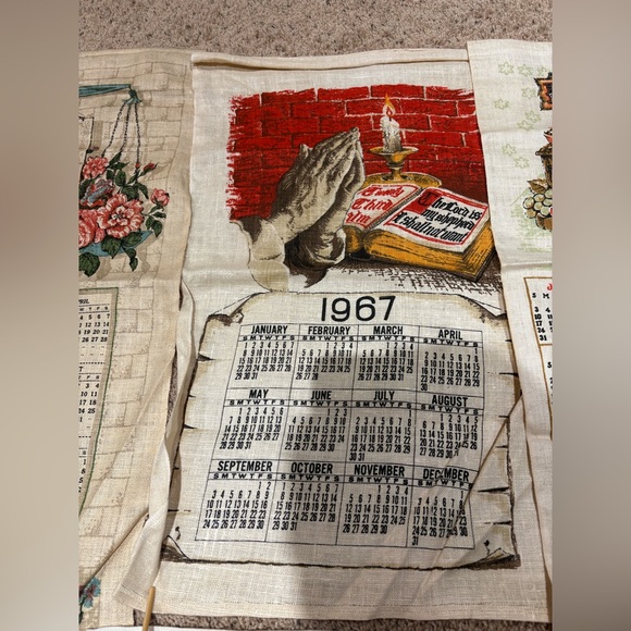 Lot 8 Vintage 60s 70s Linen Calendar Towels Country Farmhouse Folk Kitchen - Picture 4 of 13